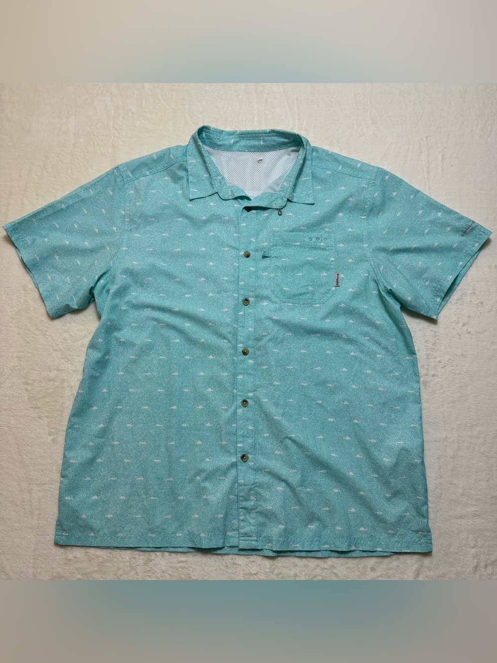 Columbia PFG Mens All Over Fish Print Shirt Aqua Teal Omni Shade Vented Size XL